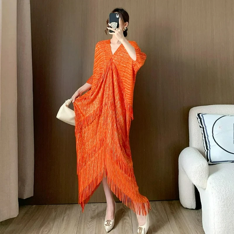 

Tassel Irregular Dresspleated Long Spring and Summer Women Plus Size Plump Lady Orange Half Dungeon Sleeves Loose Waist V-neck