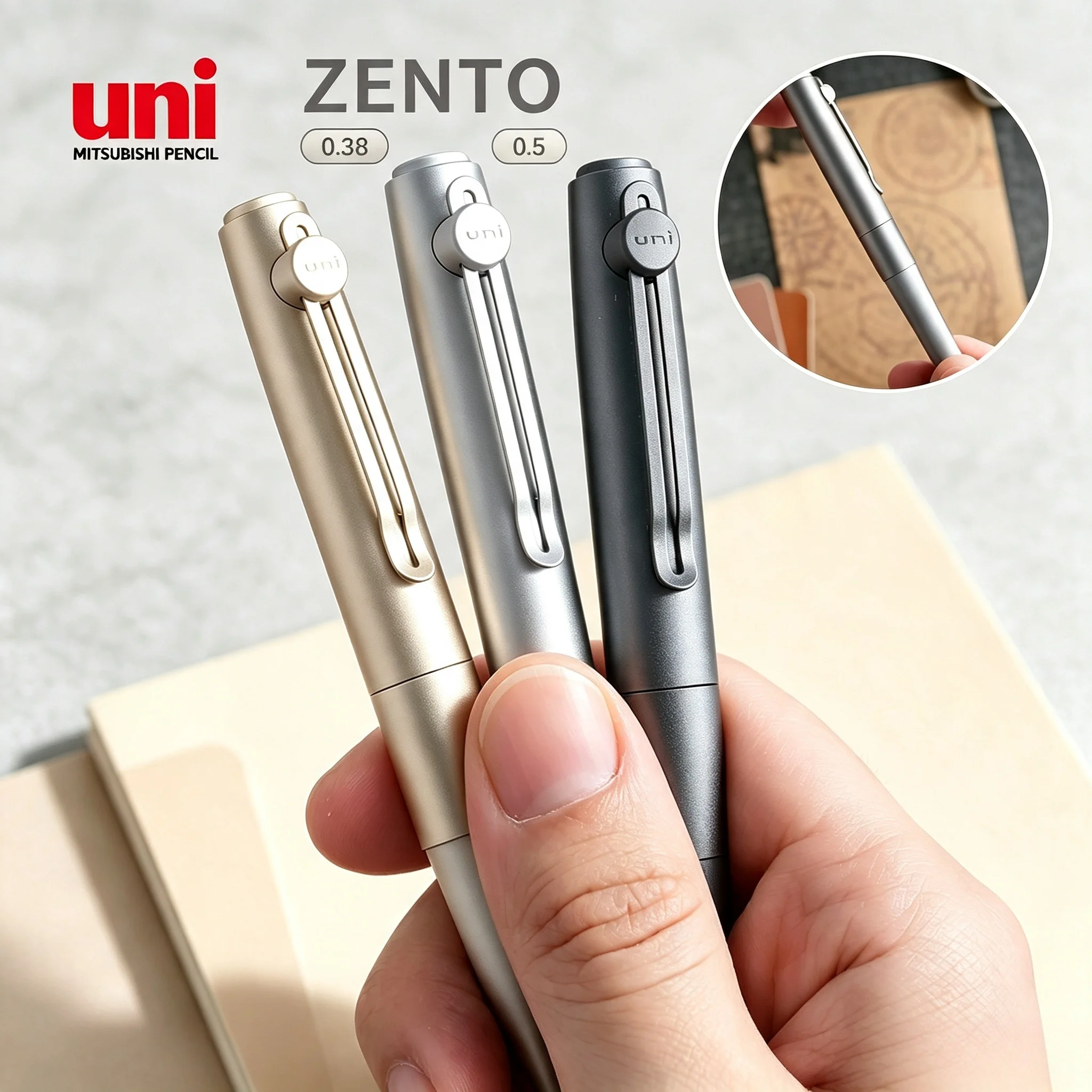 Oryginalny długopis Uni Uniball ZENTO Signature Model, 0.38/0.5, matowy metalowy korpus, obrotowy klips, do podpisów w biurze. — zdjęcie produktu 2