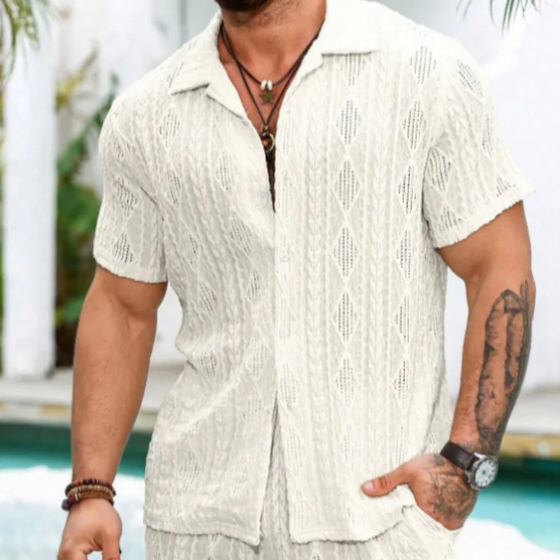 Men's Short-sleeved Shirt Casual Cardigan Top Loose Knit Tshirt Male