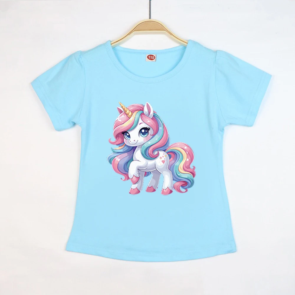 Mädchenkleidung 2-10 Jahre, Sommer, Baumwolle, Einhorn, niedliches Kinder-T-Shirt mit kurzen Ärmeln, weich, lässig, modische Kurzarm-T-Shirts für Kinder
