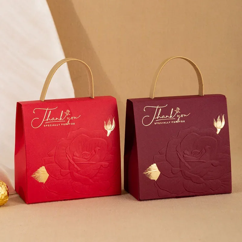 Champagne Gold Embossed Rose Gift Boxes & Bags Leather Handheld Thank You Paper Packaging Box for Weddings Party Favors