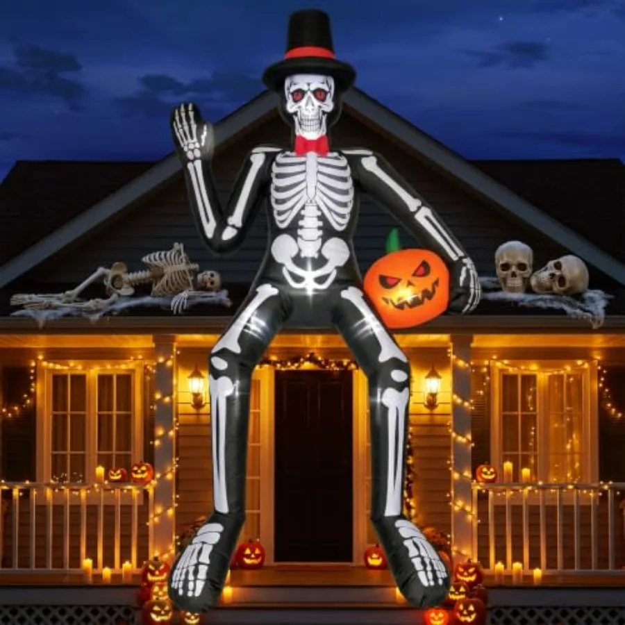Outdoor Halloween inflatable sitting skeleton decoration, PVC material, black and white color, weather-resistant and easy to in