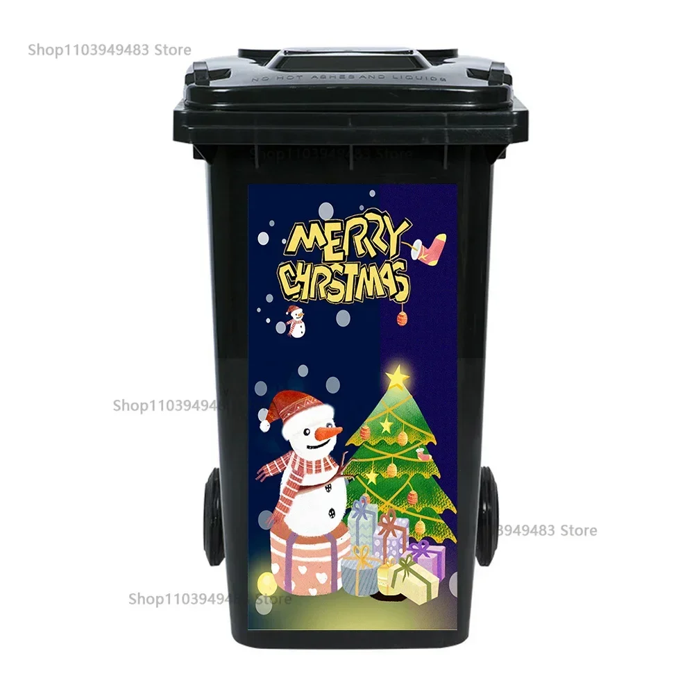 Christmas Santa Claus Tree Painting Trash Can Mural Self-adhesive Wheeled Large Garbage Bin Sticker Garbage Bins Decoration