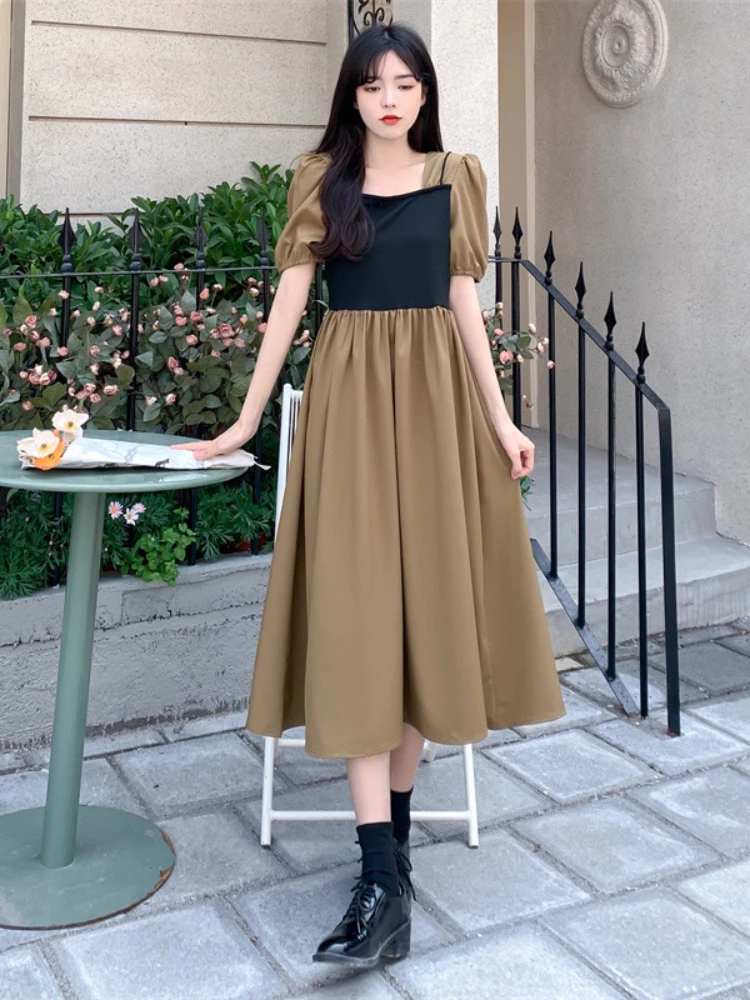 New Elegant Party Dresses for Women 2023 Summer Short Sleeve Panels Square Neck A-line Formal Dresses Women Clothing Streetwear