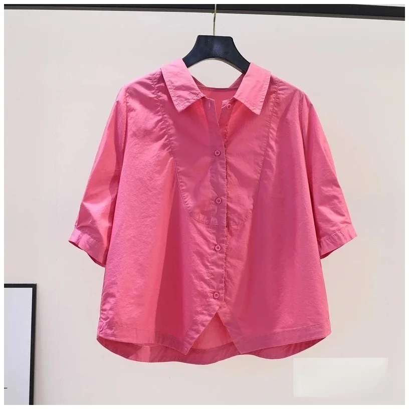 Cotone rosa Casual Allentato ort Sve irt Faion da donna Summer Design Sense Patchwork Top in puro cotone Colletto alla moda