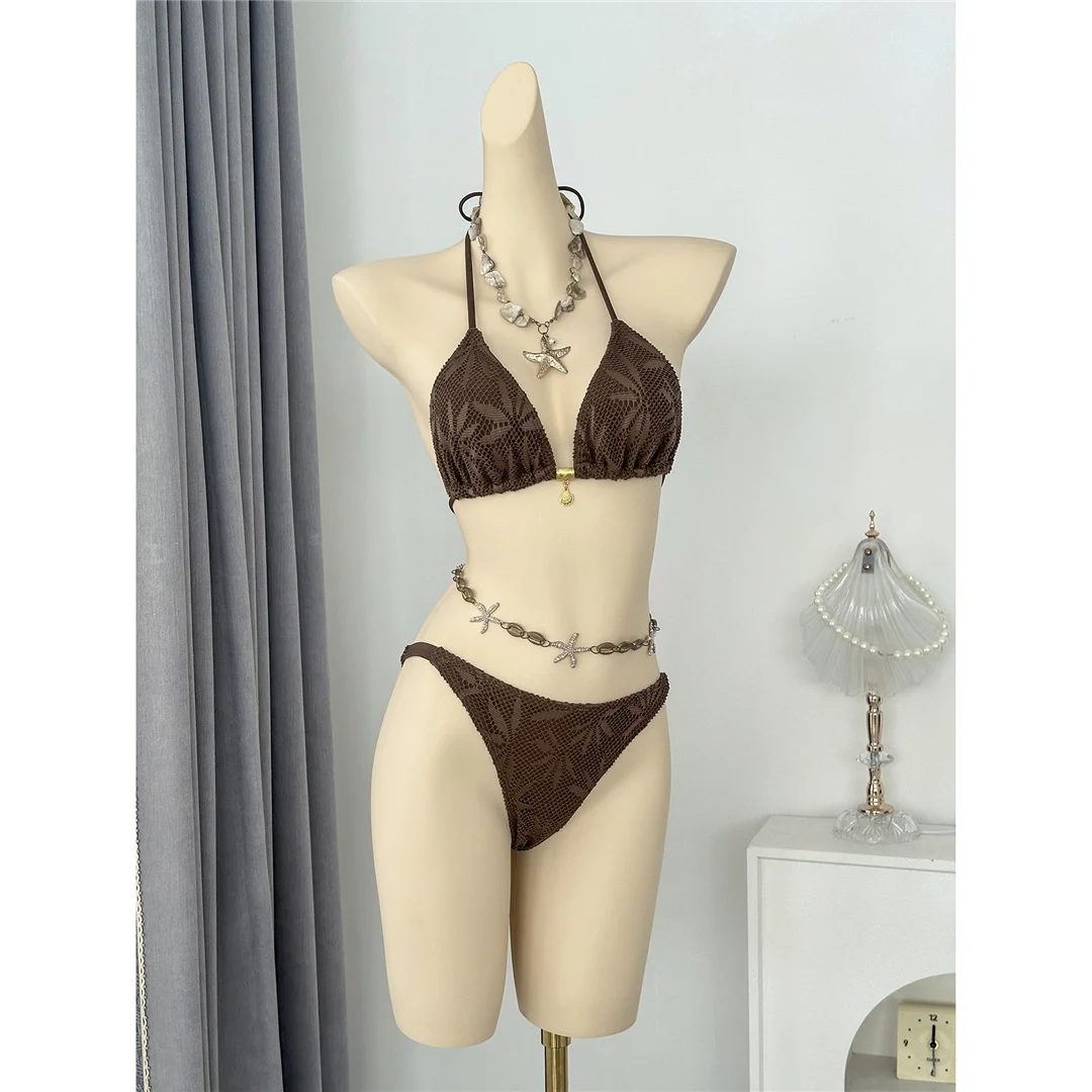 Mit Hosen, Blättern und Halterneck-Bikini, Damen-Badeanzug, dreiteiliges Bikini-Set, Badebekleidung, Badeanzug, Schwimmanzug V8164 – Detail 11