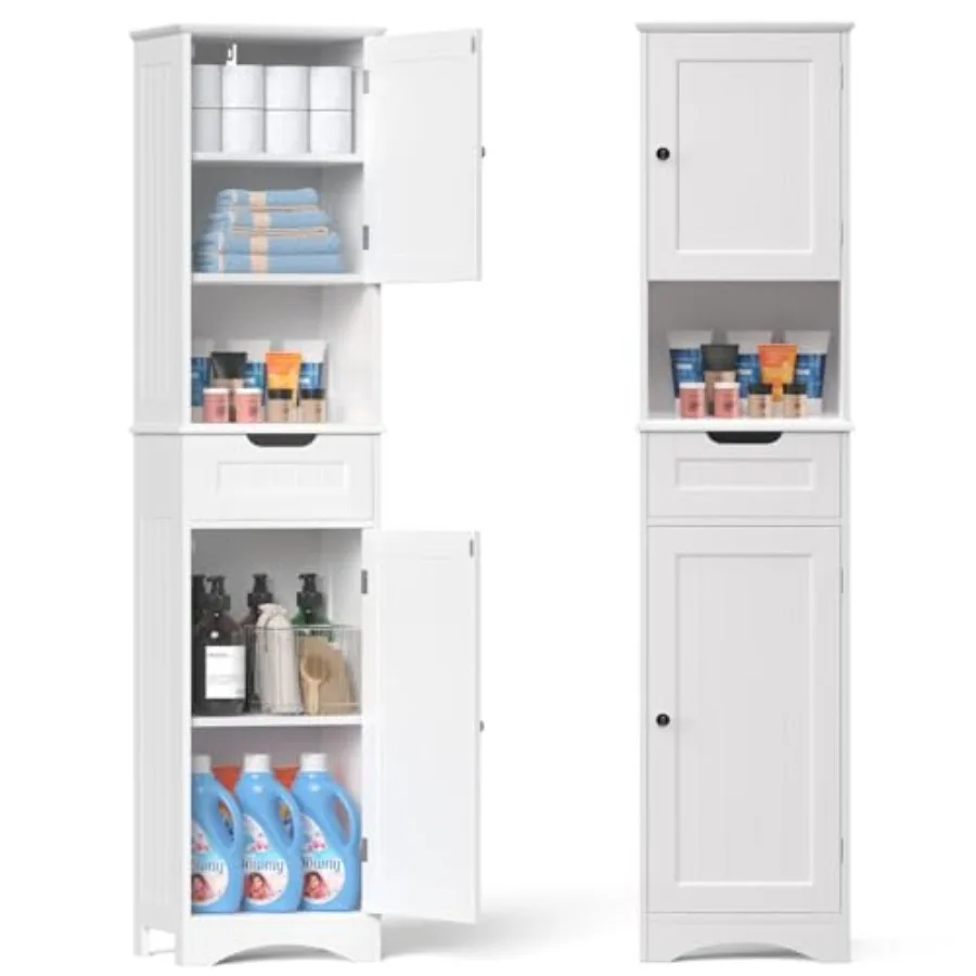 

67 H Tall Bathroom Storage Cabinet Narrow with 2 Doors Drawer White Freestanding Adjustable Shelves for Small Spaces Kitchen Li