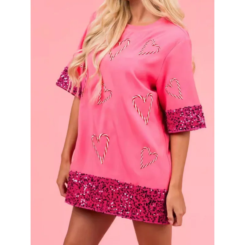 

European and American Summer Women's Fashion Round-neck Casual Short-sleeved Printed Sequined-shirt