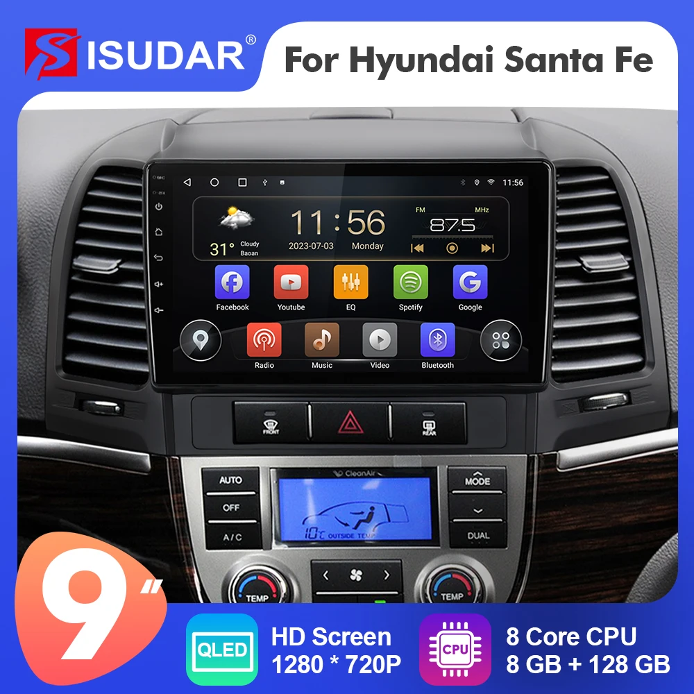 9 Inch Isudar Android 12 Car Radio For Hyundai Santa Fe 2006-2012 Carplay Auto Multimedia Player Stereo GPS No 2din