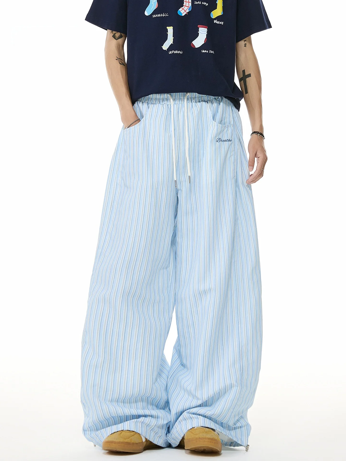 

Lightweight Summer Men's Casual Loose Fit Straight Leg Pants Breathable Comfortable Woven Belt Color Blo Elastic Waist