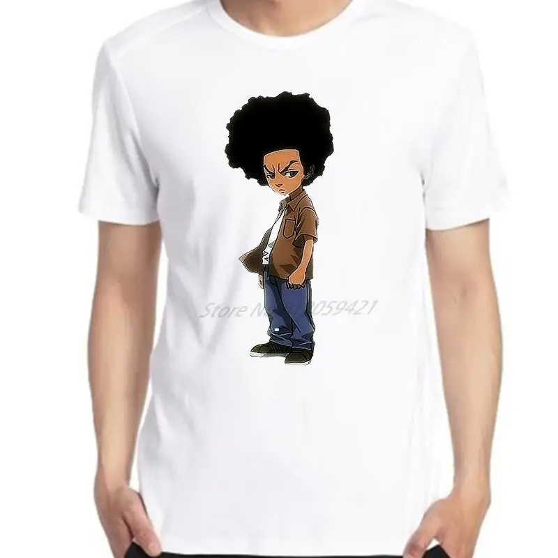 Boondocks Huey Freeman Rapper Graphic T-Shirt Big Size Cotton Short Sleeve White Man's Fashion Top Tees