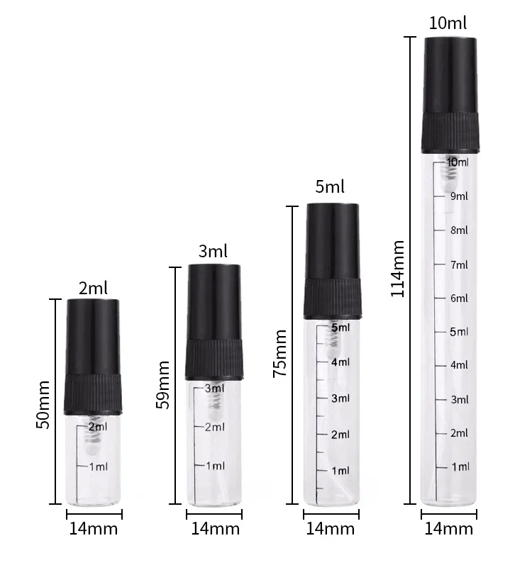 

100pcs 2ml 3ml 5ml 10ml Scale Glass Bottle Spray Empty Perfume Atomizer Refillable Cosmetic Container Sample Vials