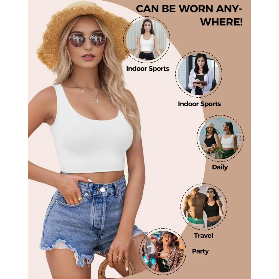 23 個タンクトップ女性のための U ネックスリーブクロップトップスベーシッククロップドレーサーバック外出トップスアスレチックスポーツシャツ