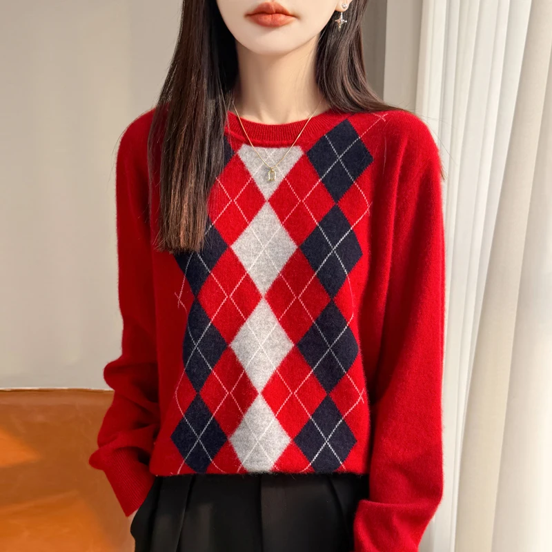 Suéter feminino 100% lã com padrão de diamante, gola redonda, manga comprida, pulôver macio e quente de lã merino, outono inverno, tops básicos