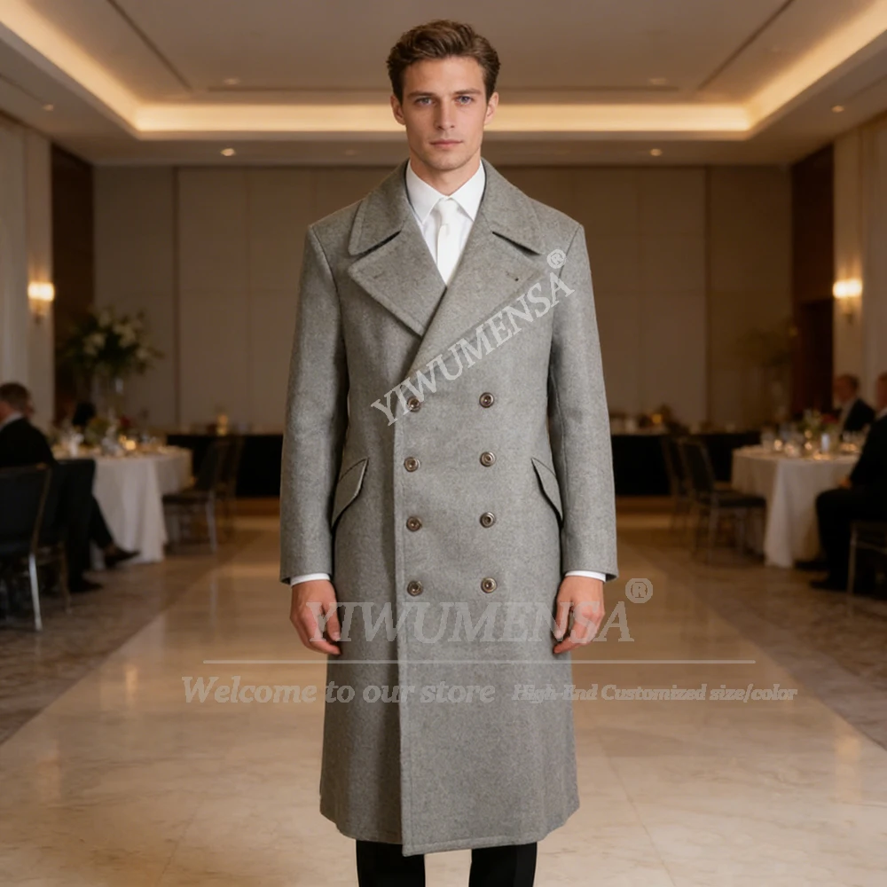 

Male Fashion Tweed Blend Coat Long Customized Double Breasted Overcoat Warm Woolen Pockets Business Causal Daily Blazer Outfits
