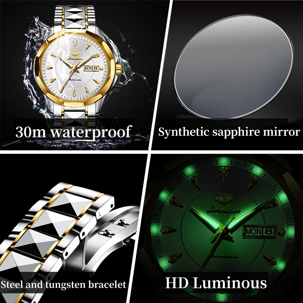 JSDUN Top Luxury Brand Tungsten Steel Lover Couple Watch Sapphire Fully Automatic Mechanical Watch for Male and Female Calendar