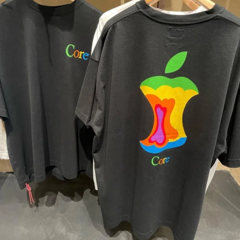 

Colorful Apple Print Letter Logo Black Men Women Short Sleeve Summer Beams Tshirts Breathable Cotton Unisex Round Neck Top Tees