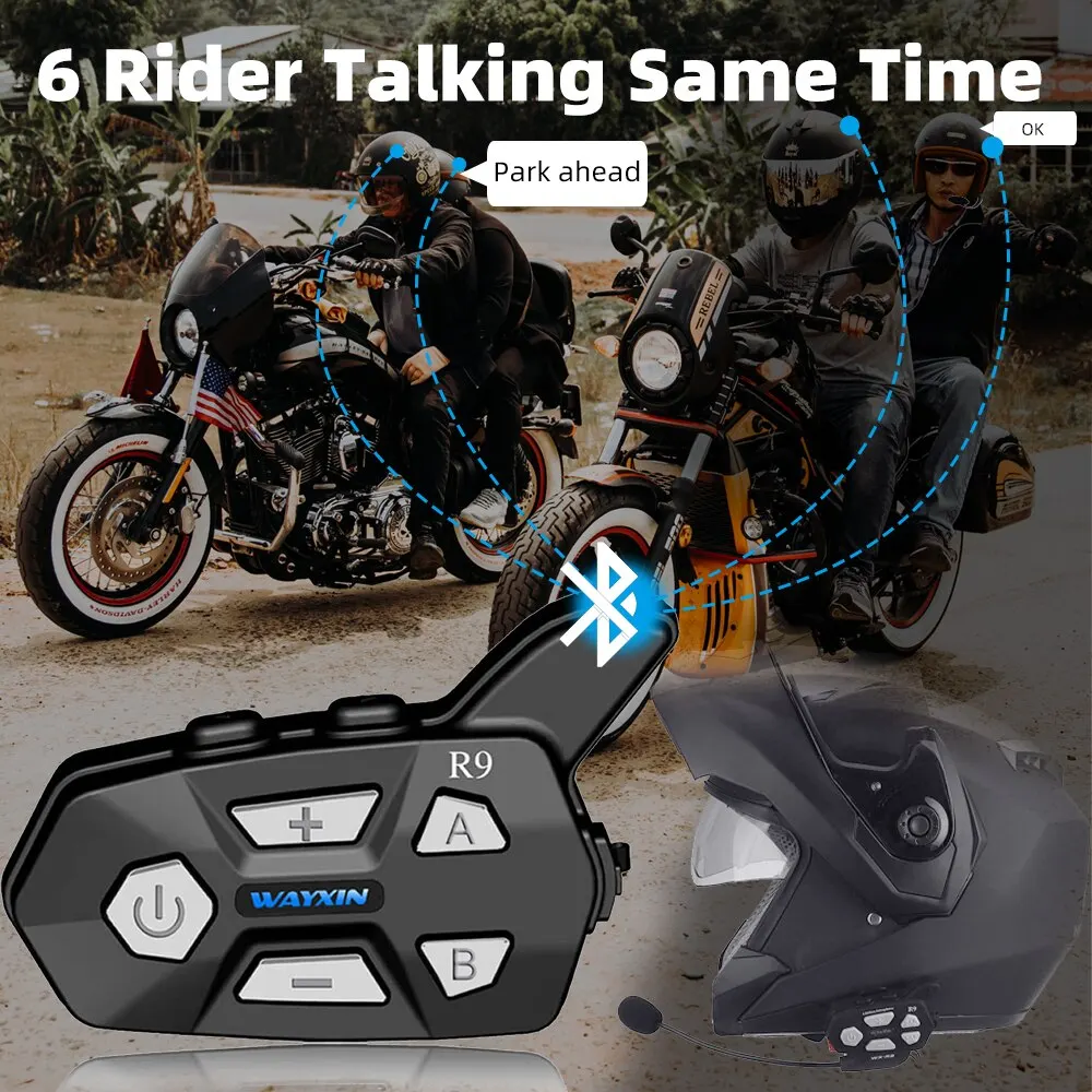 WAYXIN R9 Helmet Headset Motorcycle Intercom 6 Rider Talking Same Time 1500M For Bluetooth Universal Pairing Fm Radio IP67 1Pcs