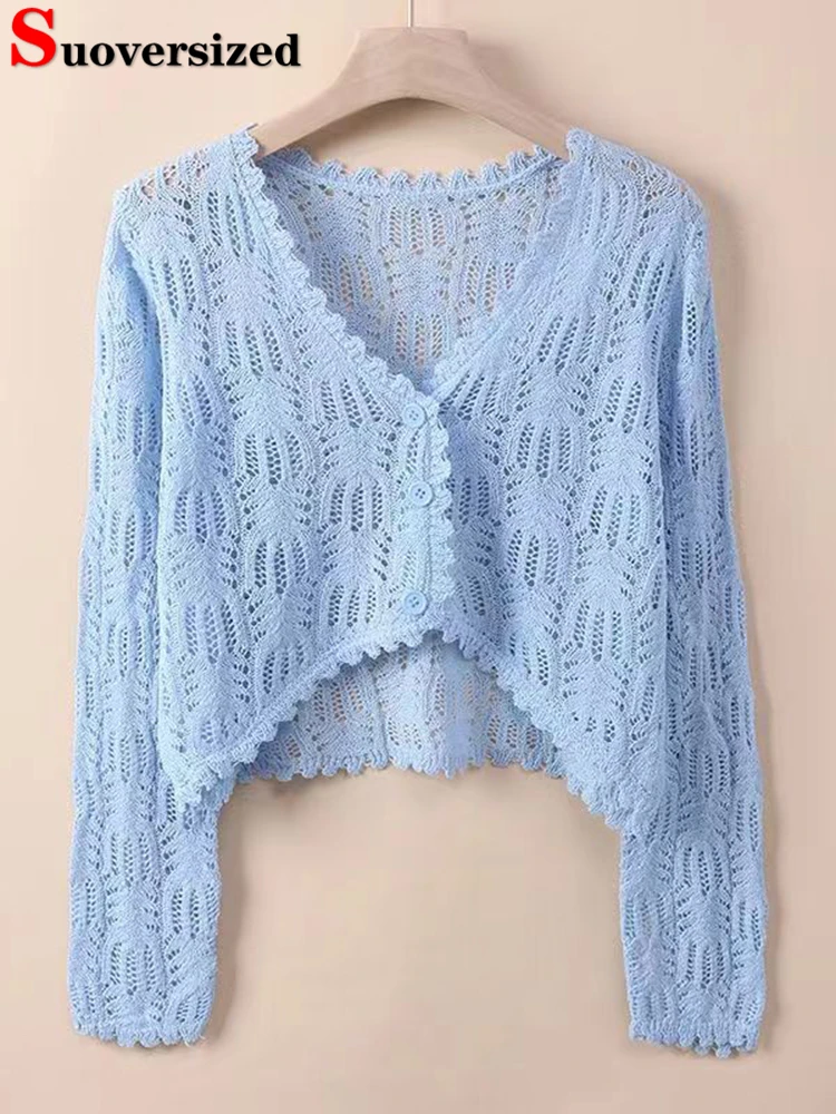 

Spring Summer Hollow Out Knit Short Shawl Cardigan Women New Casual Slim Thin Sunscreen Cropped Knitwear Tops V-neck Jackets