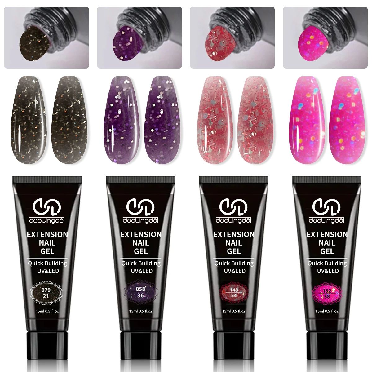 Kit de Uñas de Poly Gel duolingdai para Principiantes: 4 Colores, Poly Gel Natural Transparente, Secado Rápido, Nutre las Uñas, Duración de 28 Días, para Uso Profesional y DIY
