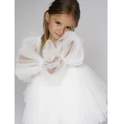 Cute Summer Puff Children Princess Dress for Girls Tulle Pink Blue White with Lantern Sleeves for Wedding or Birthday Parties