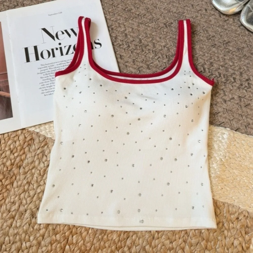 

Hot Rhinestones Spice Girl Sexy Tank Wearing As Outerwear or Innerwear Simple Base Layer Vest with Padded Bra Sleeveless Top