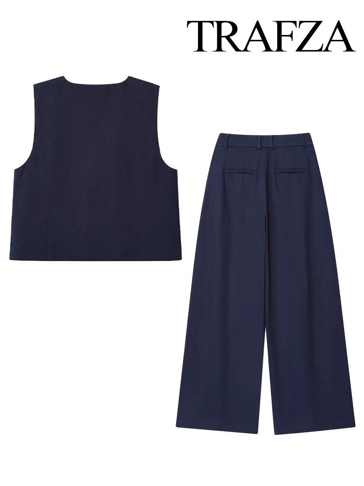 

TRAFZA Women Fashion Solid 2-Piece Set V-Neck Sleeveless Flip Cover Design Sexy Waistcoat+Chic Pocket Zipper Pleated Trousers