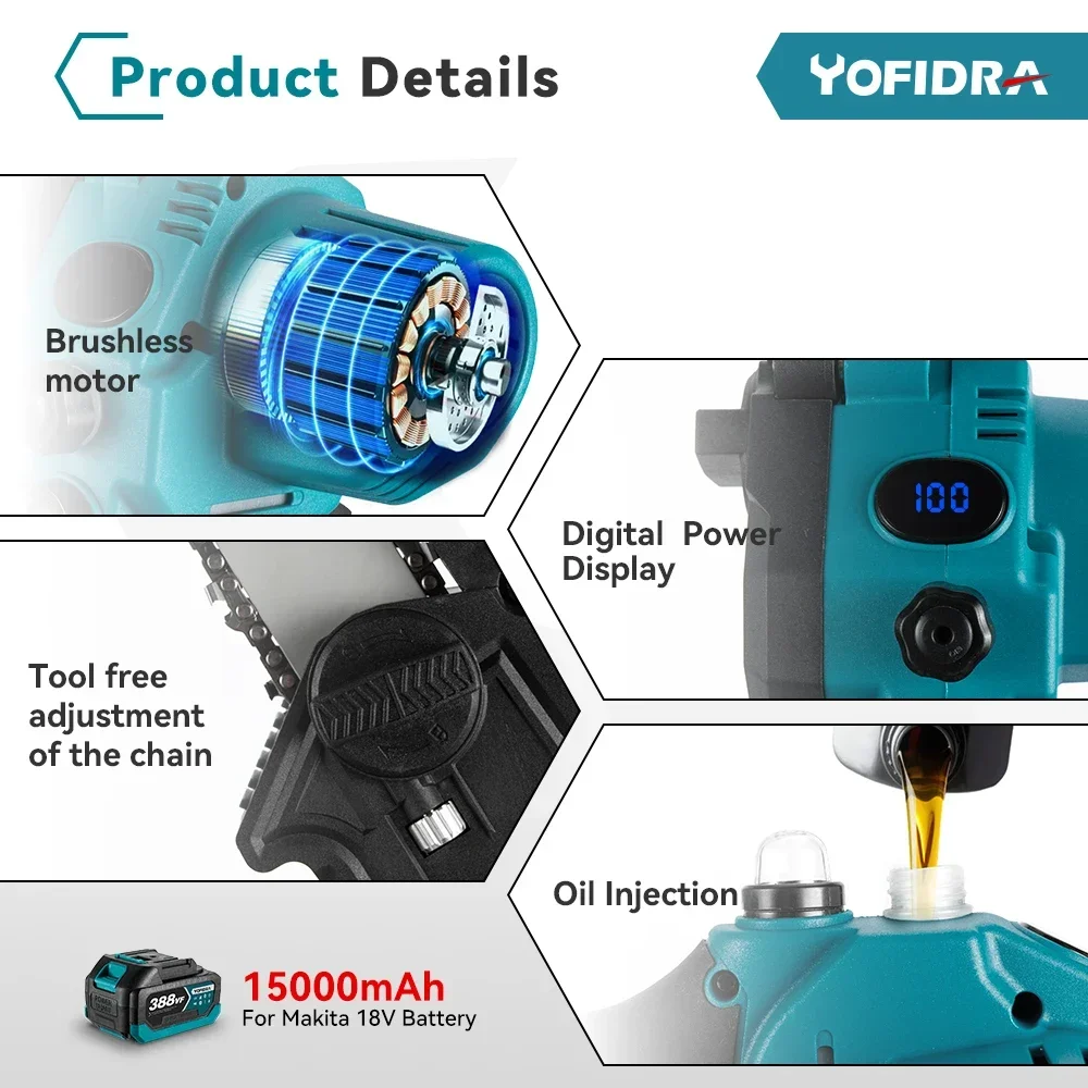 Yofidra 8 Inch Brushless Electric ChainSaw With Oiler Rechargeable Garden Logging Trimming Saw Tool For Makita 18V Battery Pin
