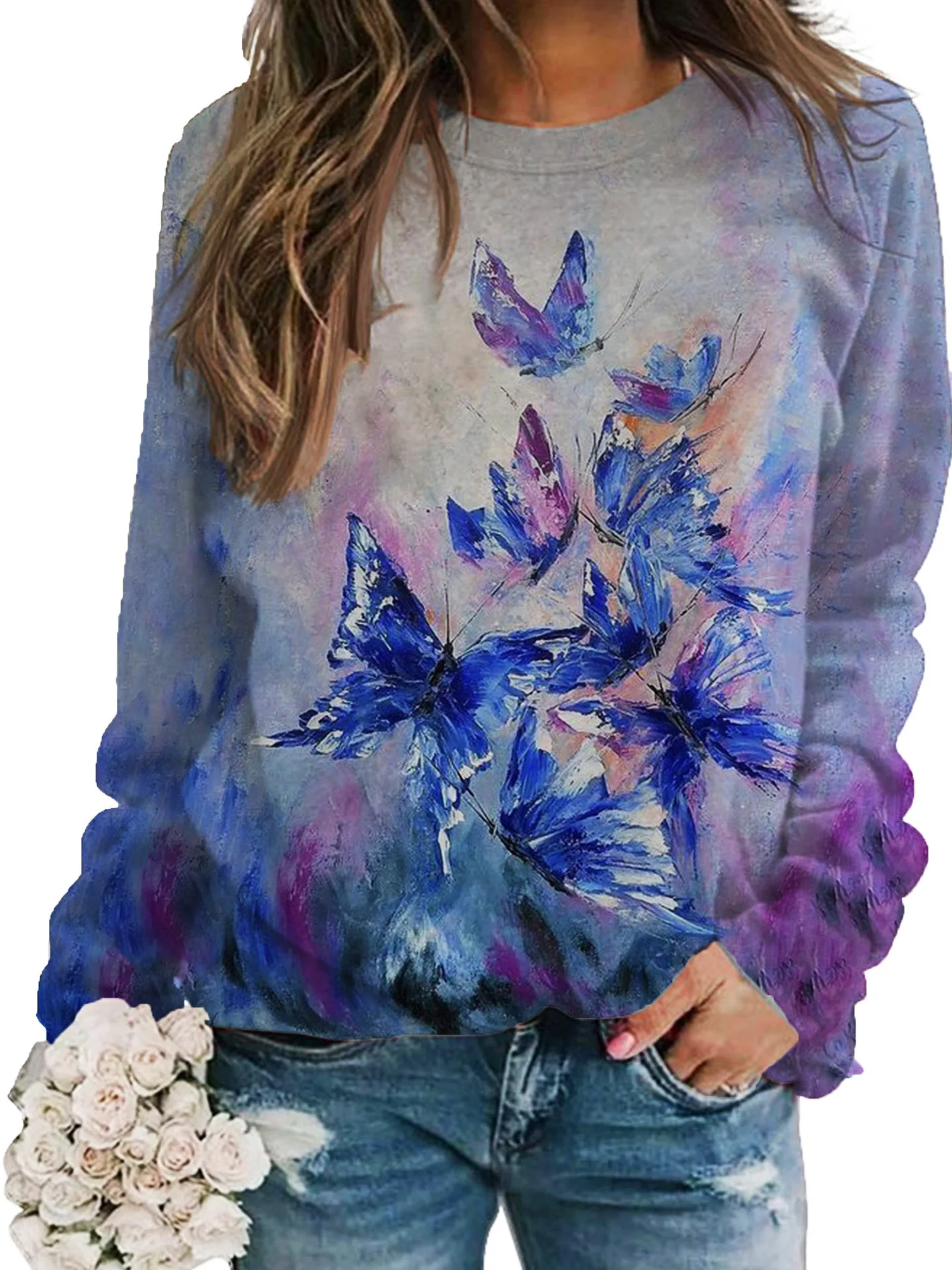 

Butterfly Pattern Sweatshirts Cowboy 3D Print Women's O-Neck Raglan Sleeves Hoodies Y2k Pullovers Harajuku Tops Woman Clothing