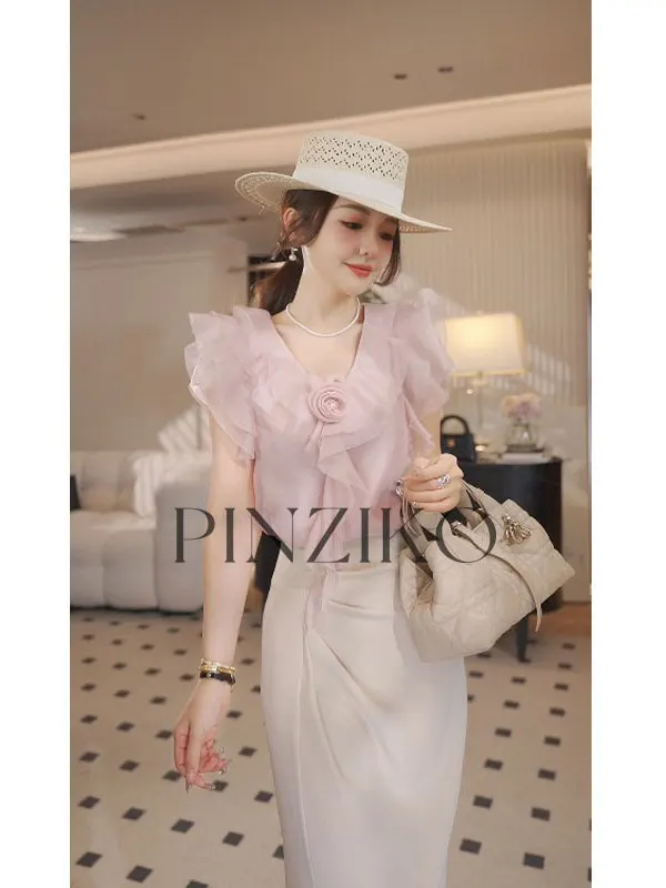 

PINZIKO Large Rabbit Lace Trimmed Fly Sve irt 3D Flower Design Women's Straight Cut Polyester Fiber ort Sve Top