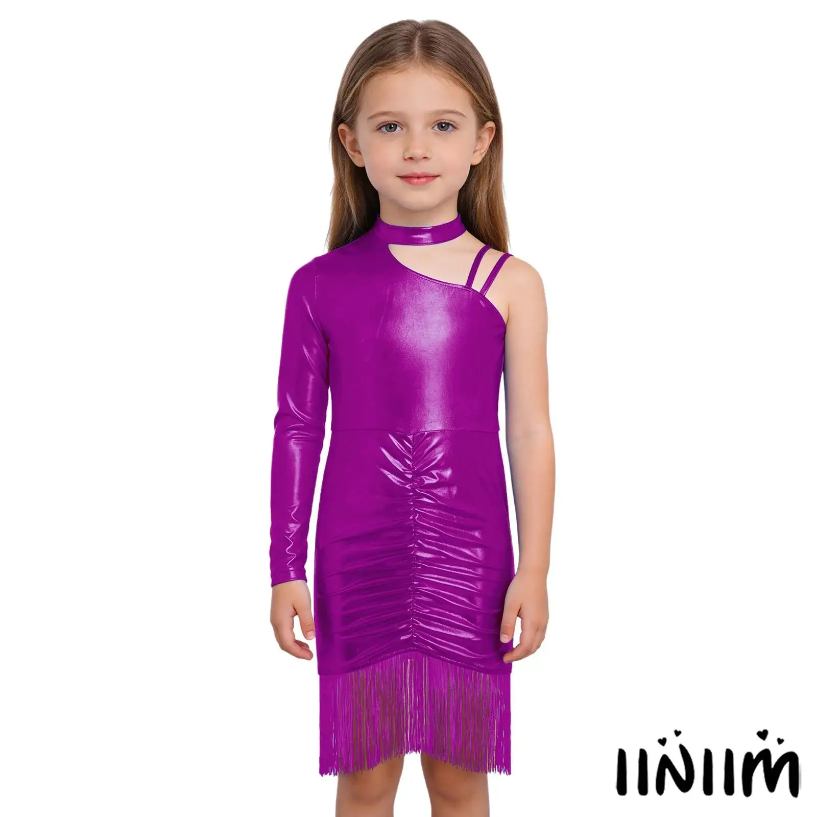 

Kids Girls Cha Cha Latin Dance Dress Metallic Asymmetrical Shoulder Tassels Ruched Dress Latin Lyrical Performance Dancewear