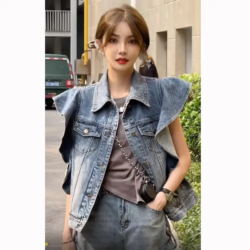 

Cowgirl Vest Retro Ruffles Feifei Sleeves Sleeveless Tops Cardigan Korean Fashion Jacket Single-breasted Retro Streetwear New