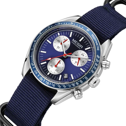 Imagen 2 del producto Reloj MEGIR de cuarzo de Triple ojo para hombre, correa trenzada de nailon, deportivo luminoso resistente al agua con cronógrafo, reloj de pulsera de moda para hombre