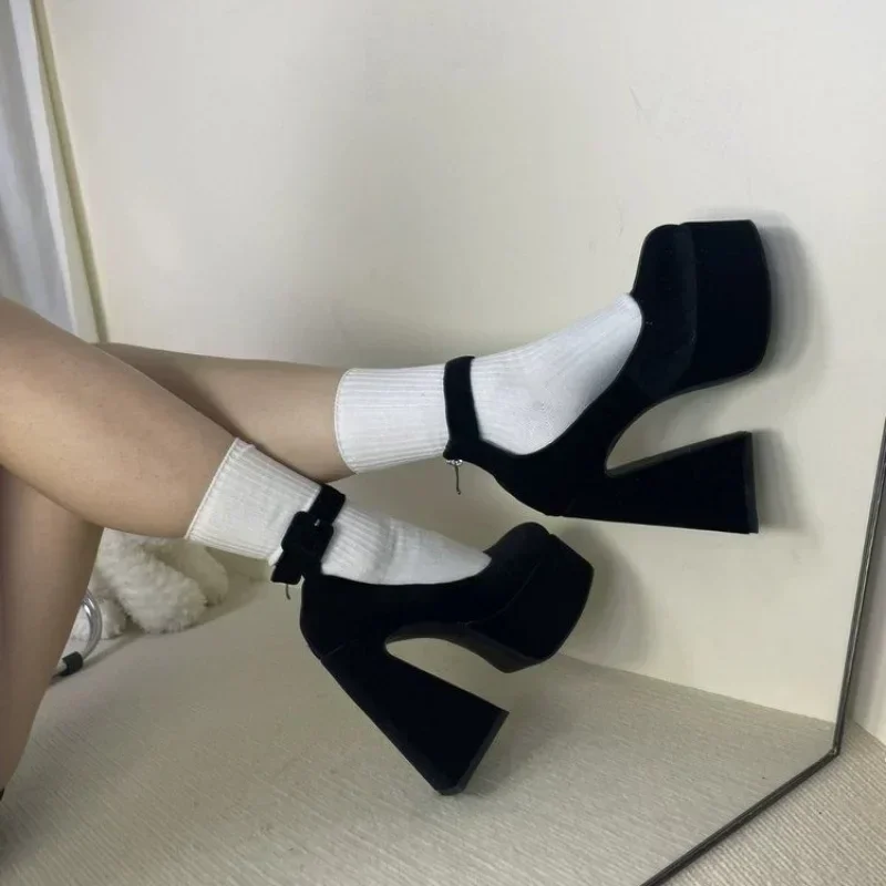 2024 New Autumn Fashion Women\'s High Heels Sole Buckle Thick Heel Shallow Mouth Sexy Back Zipper Elevated Shoes heels woman