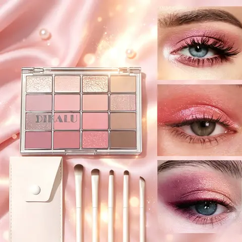 16‑Color Eyeshadow Palette with 5‑Piece Eyeshadow Brush Storage Set, Low‑Saturation Pink‑Brown Earth‑Tone Shades, Matte & Highlighter for Brightening Under‑Eye Area, Reduces Puffiness Without Looking Muddy, Versatile for Daily Commute Looks, Great for Beg
