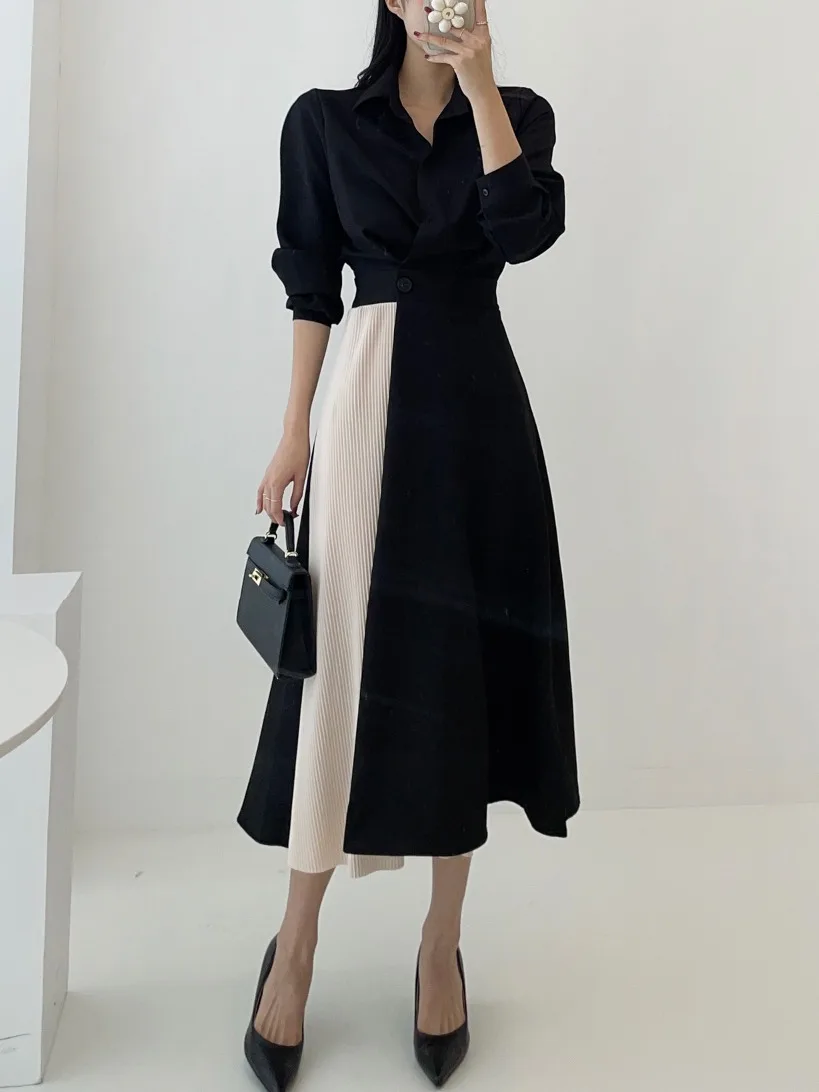 Chic Autumnal irt Dr Slimming Waist Design Long Sve Collar Stand out Color Blo Striped Pattern Commute Sle Single...