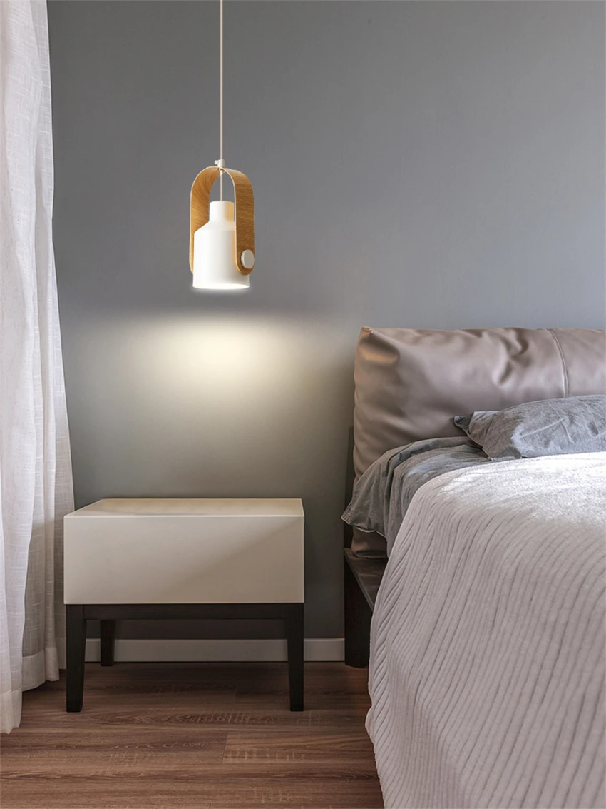 Portable metal iron pendant lights bedroom bedside lamp Nordic living room Japanese wood color hanging lights decor lighting