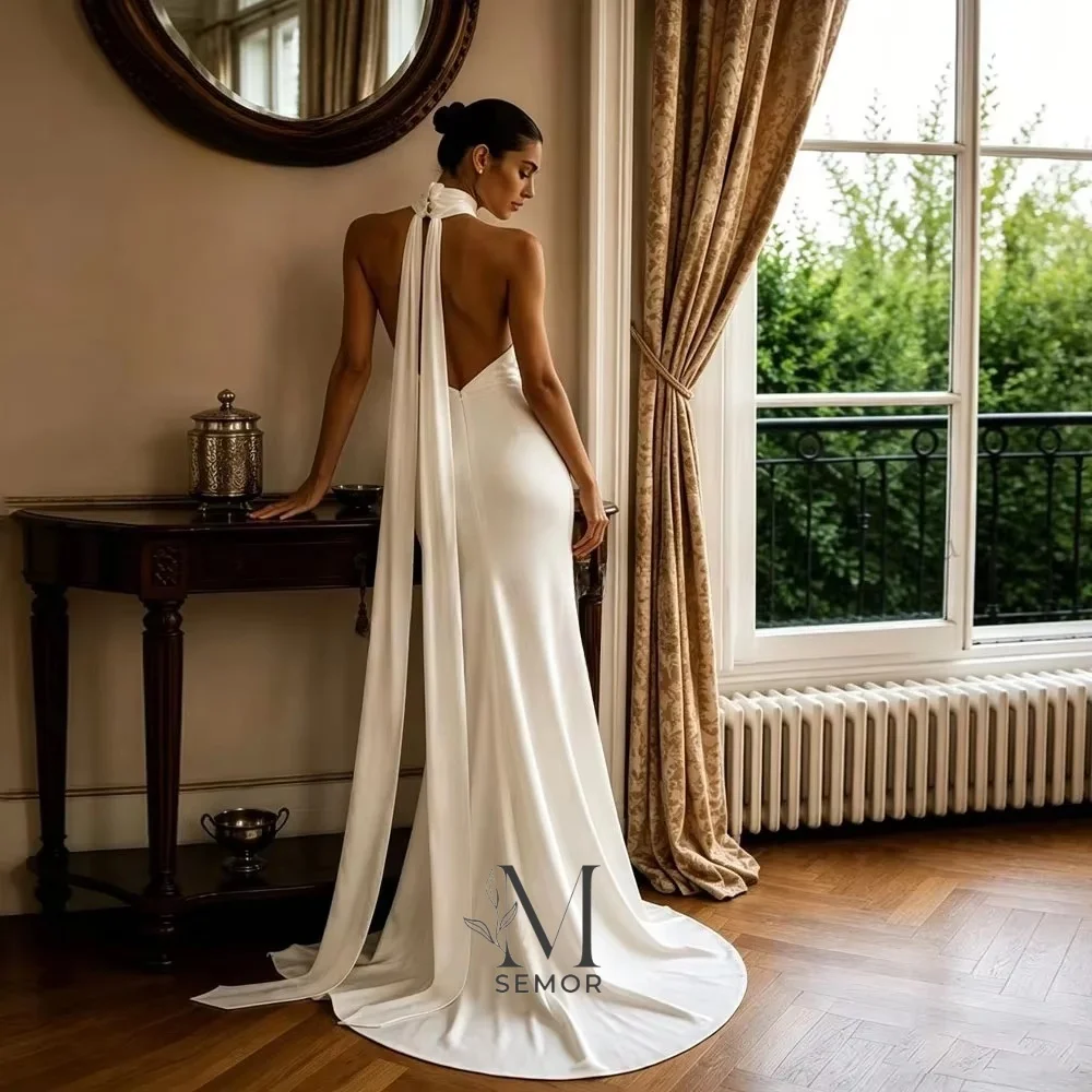 Semor Customized Halter Deep V-Neck Satin Mermaid Wedding Dresses Open Back Bridal Gowns Long Ribbon Reception Dress for 2026