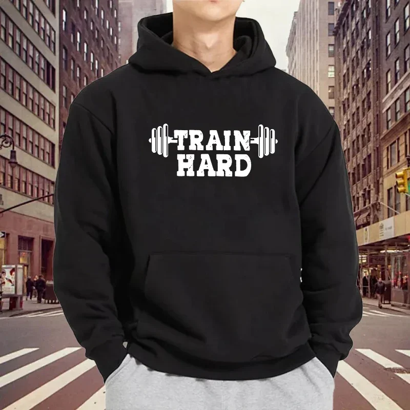 New Men's Gym Train Hard Print Hoodies Autumn Long Sleeve Sweatshirts Casual Loose Outdoor Sport Clothes