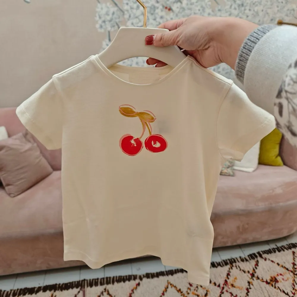 

kids girl clothes baby tops soft tees Summer girls' short sleeved T-shirt Cherry printed cotton white T-shirt