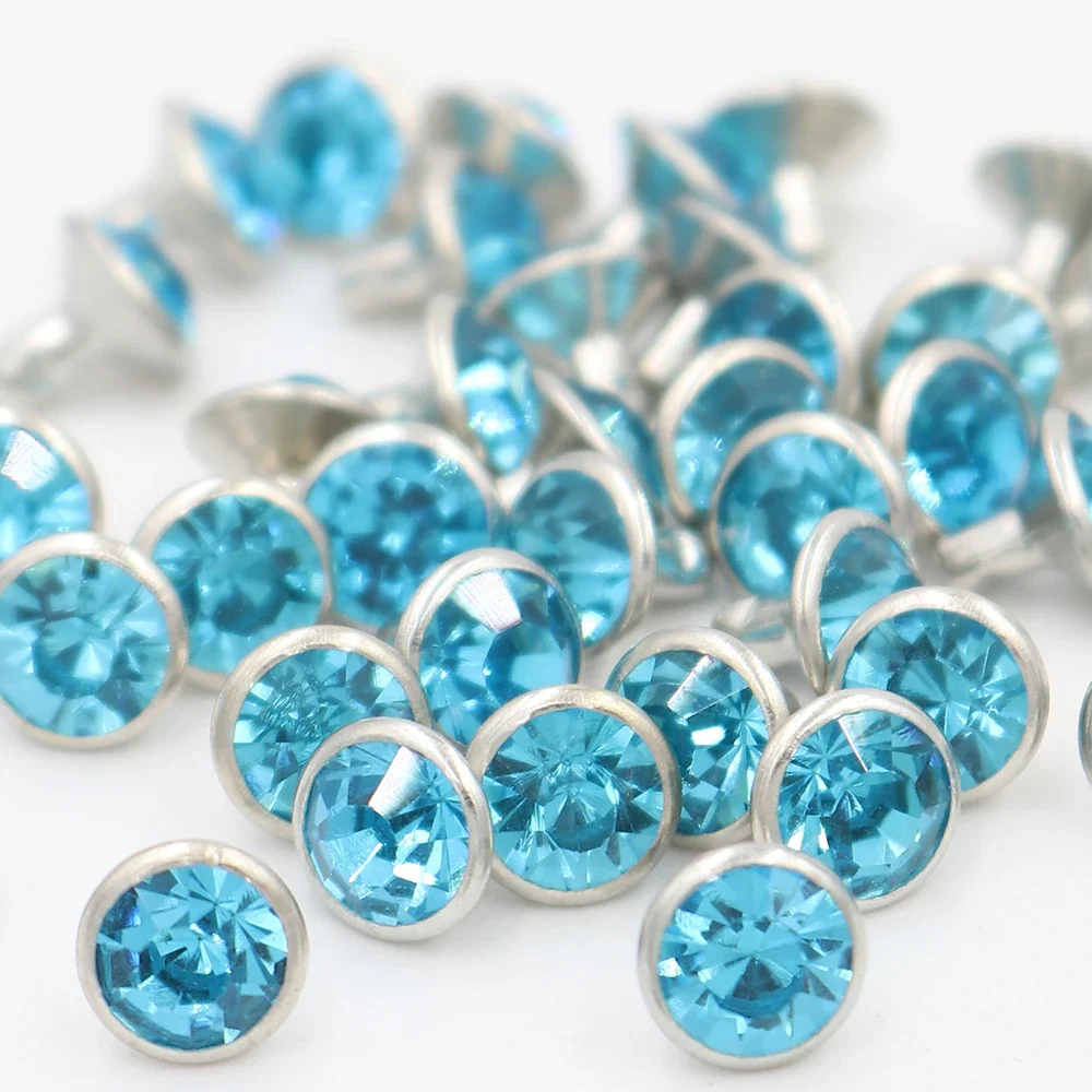 100Sets Aquamarine Double-Sided Rhinestone Rivets Studs Punk Diamond Spikes Rivets for Leather/Belt/Handbag Leather Decoration