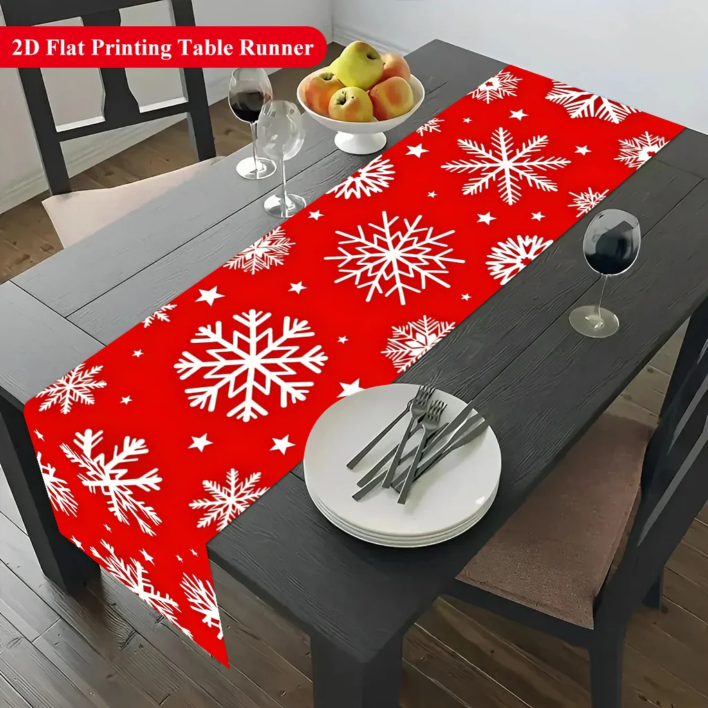 1pc 2D Flat Table Runner, Beautiful Snowflake on Red Background Printed Rectangle Table Runner, Decor for Dining Table