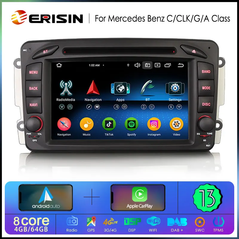 Erisin ES6763C Android 13 Car DVD Stereo For Benz CLK C-Class W203 Viano Vito Wireless CarPlay Auto DSP 4G LTE BT5.0 Multimedia