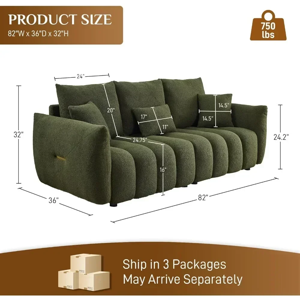 82 Inch Teddy Cloud Sofa, Soft Padded Sherpa Deep Seated Bukel Sofa, Comfortable Modern 3-seater Sofa with 3 Pillows