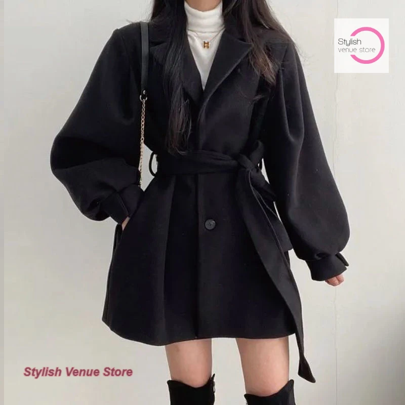 French Black High-Grade Woolen Coat Women's Autumn and Winter New Little Thick Long Trench Coat Small fragrant Woolen Coat