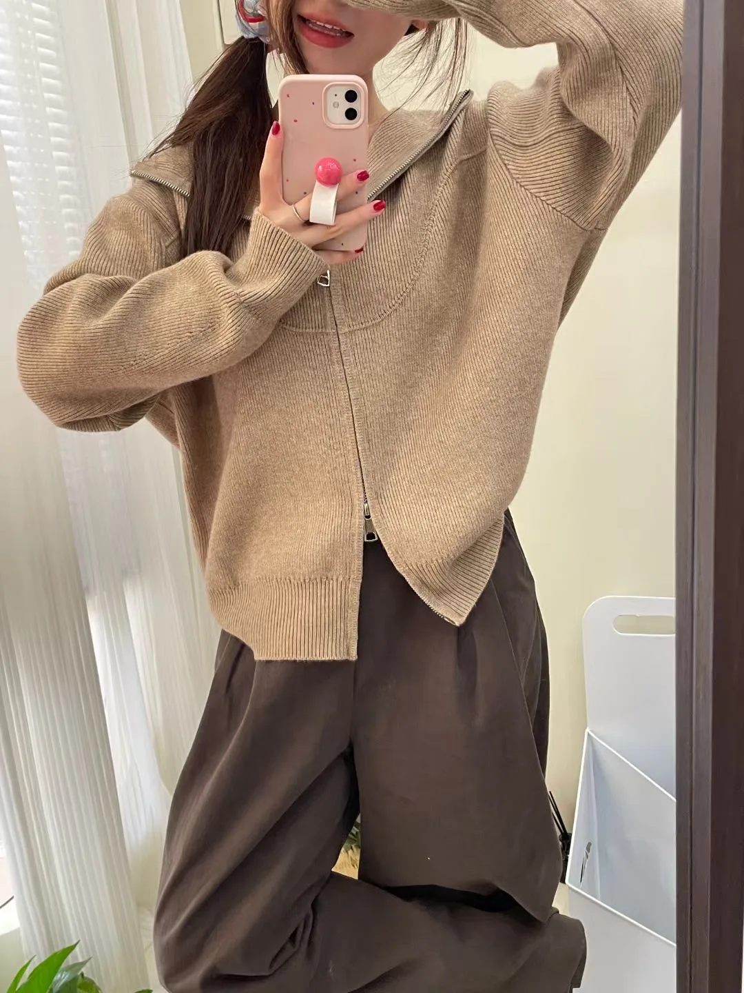 Double zipper, lazy and fashionable large version loose silhouette lapel knitted cardigan sweater