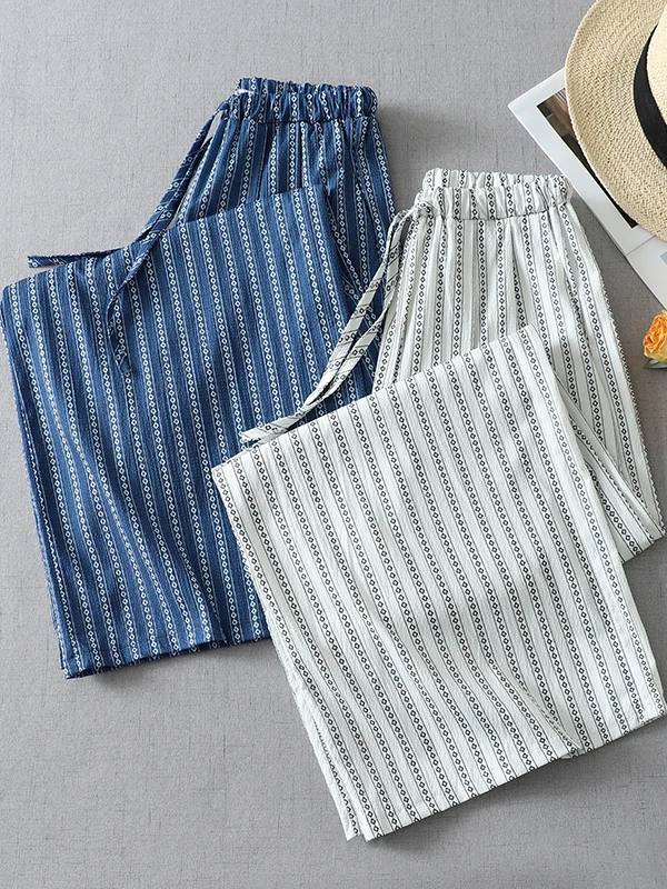 Korean Lazy Style Vertical Striped Wide Leg Pants Women Summer New Loose Drape Elastic Waist Straight Casual Walking Pants