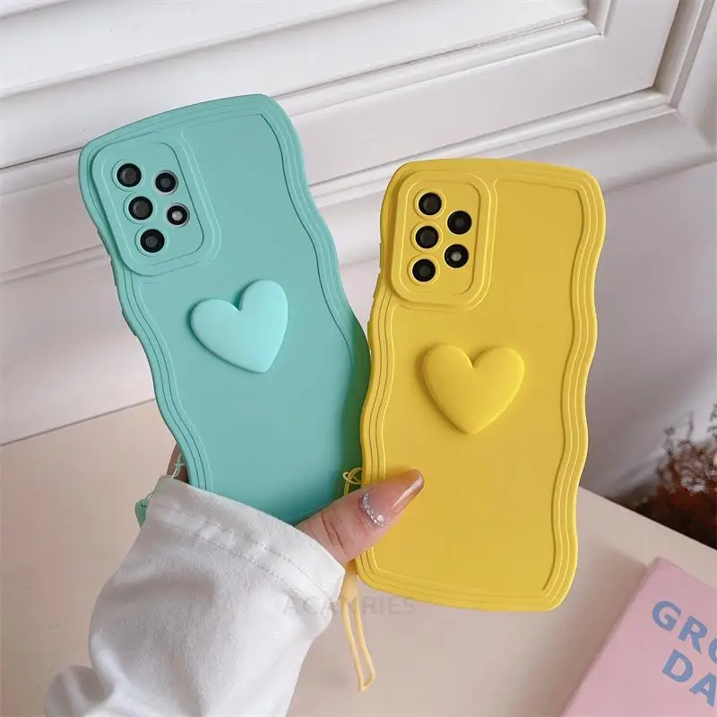 A 53 52 Love Heart Wavy Wrist Strap Silicone Case For Samsung Galaxy A52 A53 A54 A32 4g 5g A23 A33 A13 A34 A24 A73 Lanyard Cover