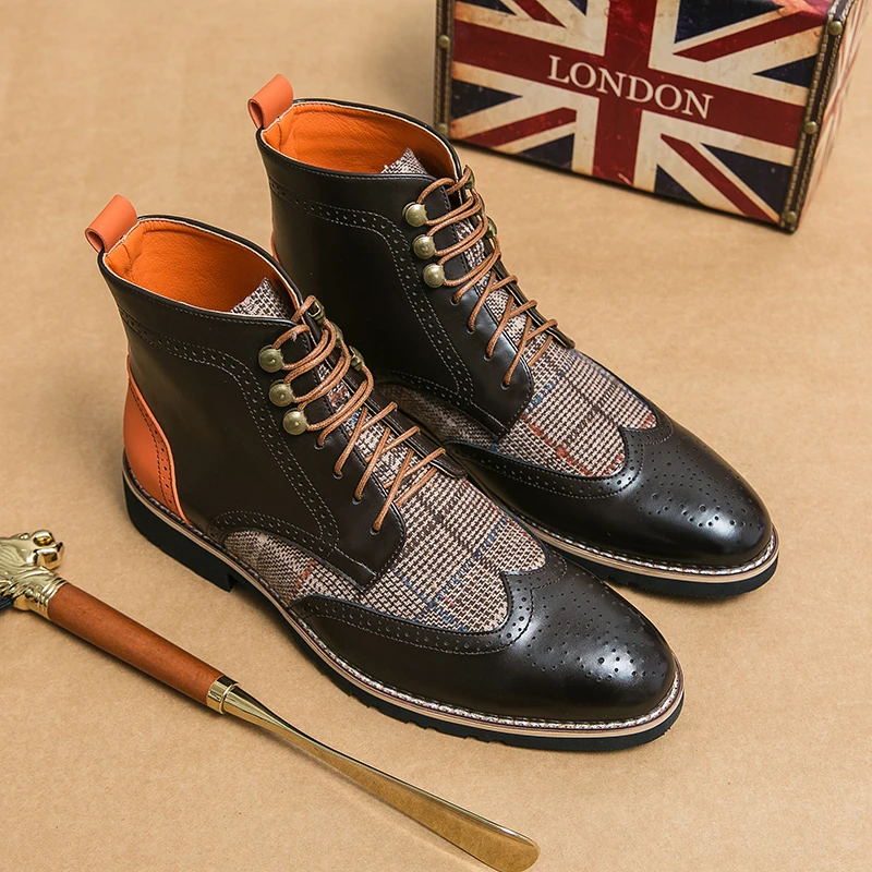 New Block Men Short Boots Gingham Lace-up Square Toe Ankle Strap Handmade Men Ankle Boots Botas De Hombre