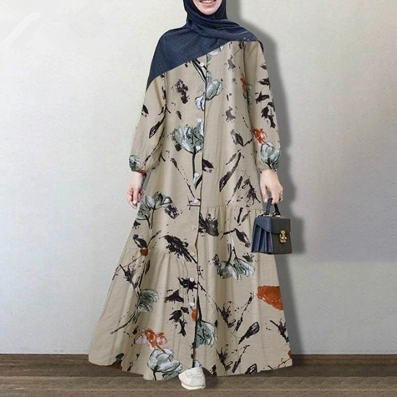 فستان رمضان العربي الإسلامي القطني والقنب المطبوع برقبة دائرية وأزرار وأكمام طويلة وأكمام مطاطية فاخرة وفضفاضة كاجوال